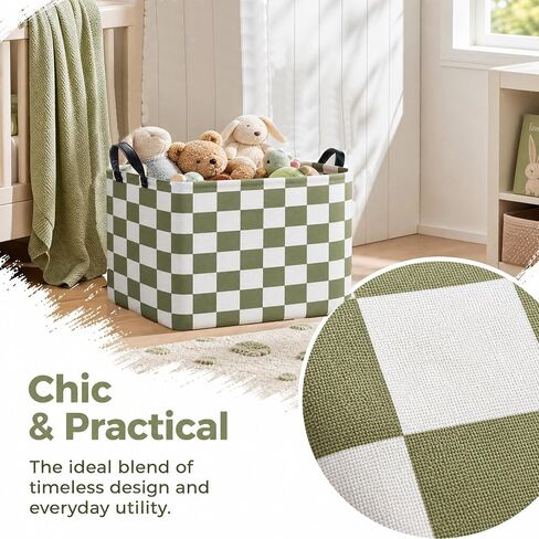 Cute Kids Car Checkered Toy Basket Fabric Baby Boy Storage Bins Nursery Room Bedroom Decor (OPlive Green) in Kuwait