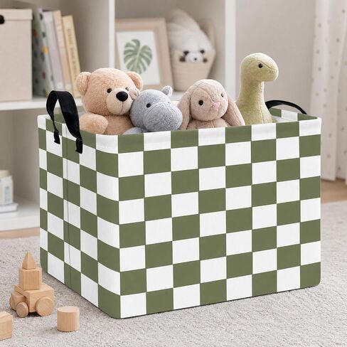 Cute Kids Car Checkered Toy Basket Fabric Baby Boy Storage Bins Nursery Room Bedroom Decor (OPlive Green) in Kuwait