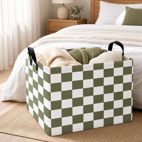 Cute Kids Car Checkered Toy Basket Fabric Baby Boy Storage Bins Nursery Room Bedroom Decor (OPlive Green) in Kuwait