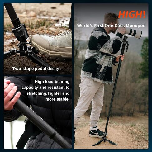 M1 62.8" Carbon Fiber Monopod for Camera, One-Click Lifting Monopod with feet, Compact for Travel, Max Load 44lbs / 20kg for Camera, DSLR, Camcorder in Kuwait