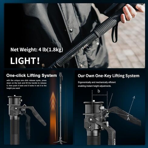 M1 62.8" Carbon Fiber Monopod for Camera, One-Click Lifting Monopod with feet, Compact for Travel, Max Load 44lbs / 20kg for Camera, DSLR, Camcorder in Kuwait