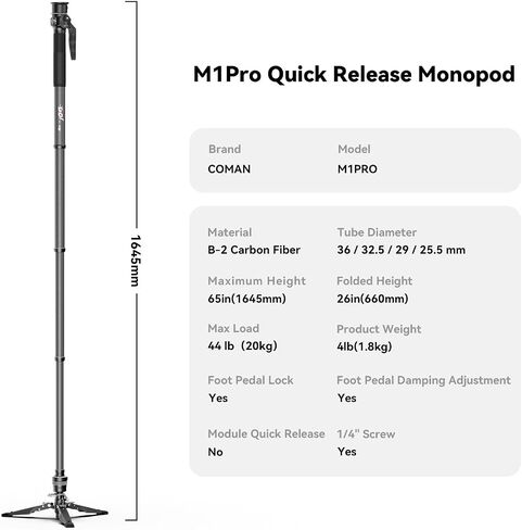 M1 62.8" Carbon Fiber Monopod for Camera, One-Click Lifting Monopod with feet, Compact for Travel, Max Load 44lbs / 20kg for Camera, DSLR, Camcorder in Kuwait