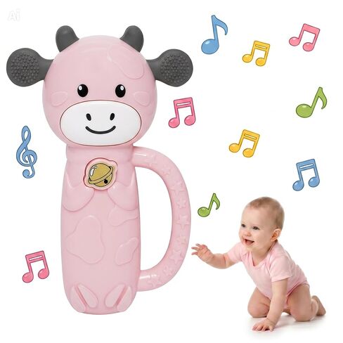 MooMoo Baby Musical Toy, 4‑in‑1 Light‑Up Sensory Toy & Teether for 3–24 Month Babies, BPA‑Free with Easy‑Grip Handle, Cute Cow‑Shaped Travel Toy for Car Seat & Stroller (Pink) in Kuwait