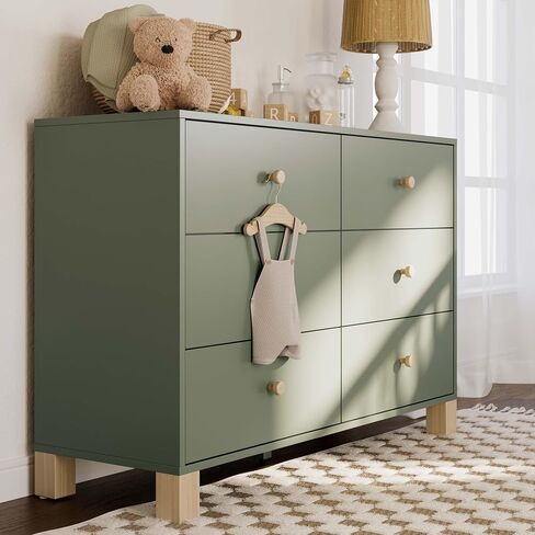 Storkcraft California 6-Drawer Double Dresser, Olive with Driftwood | GREENGUARD Gold Certified, Wood Dresser, Spacious Storage Organizer for Kids Bedroom, Safety Interlocking Drawer System in Saudi Arabia