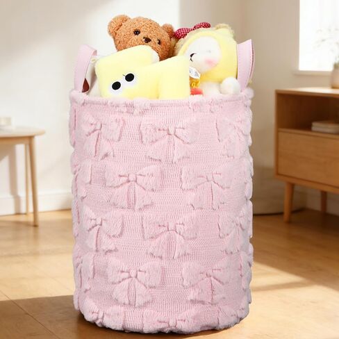 Coquette Pink Bow Laundry Basket 18 x 14 Inch Coquette Storage Basket for Girls Nursery Hamper Foldable Fluffy Plush Storage Bin with Handle for Home Nursery Laundry in Kuwait