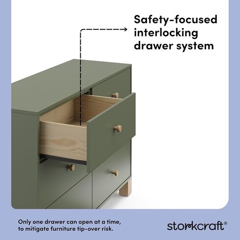 Storkcraft California 6-Drawer Double Dresser, Olive with Driftwood | GREENGUARD Gold Certified, Wood Dresser, Spacious Storage Organizer for Kids Bedroom, Safety Interlocking Drawer System in Saudi Arabia