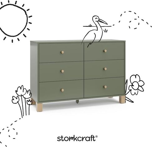Storkcraft California 6-Drawer Double Dresser, Olive with Driftwood | GREENGUARD Gold Certified, Wood Dresser, Spacious Storage Organizer for Kids Bedroom, Safety Interlocking Drawer System in Saudi Arabia
