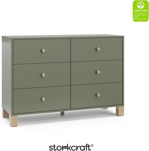 Storkcraft California 6-Drawer Double Dresser, Olive with Driftwood | GREENGUARD Gold Certified, Wood Dresser, Spacious Storage Organizer for Kids Bedroom, Safety Interlocking Drawer System in Saudi Arabia