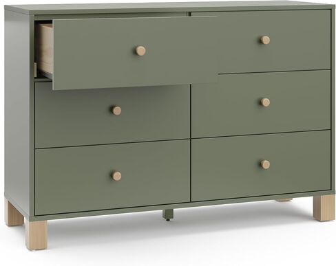 Storkcraft California 6-Drawer Double Dresser, Olive with Driftwood | GREENGUARD Gold Certified, Wood Dresser, Spacious Storage Organizer for Kids Bedroom, Safety Interlocking Drawer System in Saudi Arabia