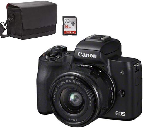Canon EOS M50 Black + EF-M 15-45 mm is STM Black + SB130 + SanDisk SD 16 GB in Kuwait