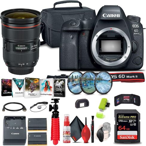Canon EOS 6D Mark II Camera (Body Only) with EF 24-70mm Lens Bundle | For Photography & Video | DSLR Camera + 64GB Memory Card + Tripod + Filter Kit + Case + Photo Software + Battery + More in Kuwait