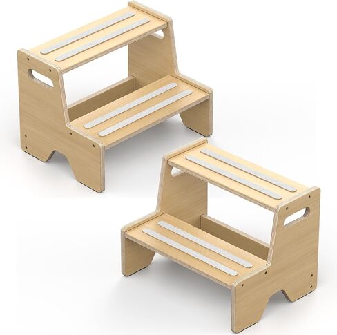 Step Stool for Toddler Wooden 2-Pack, Anti-Slip, for Potty Training | 2-Step Stool with Portable Handles, Triangular Structure, for Kitchen, Bathroom, Bedroom, Toilet, Ages 1-8Y, 170-lb Capacity in Kuwait