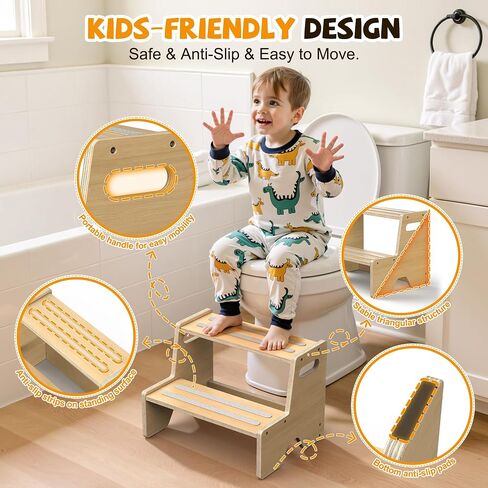Step Stool for Toddler Wooden 2-Pack, Anti-Slip, for Potty Training | 2-Step Stool with Portable Handles, Triangular Structure, for Kitchen, Bathroom, Bedroom, Toilet, Ages 1-8Y, 170-lb Capacity in Kuwait