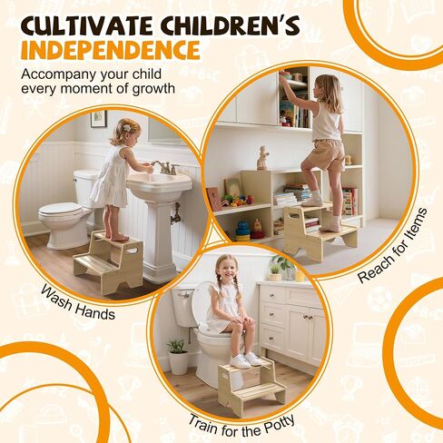 Step Stool for Toddler Wooden 2-Pack, Anti-Slip, for Potty Training | 2-Step Stool with Portable Handles, Triangular Structure, for Kitchen, Bathroom, Bedroom, Toilet, Ages 1-8Y, 170-lb Capacity in Kuwait