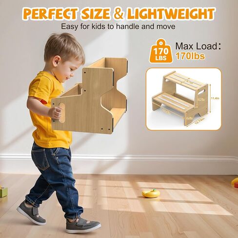 Step Stool for Toddler Wooden 2-Pack, Anti-Slip, for Potty Training | 2-Step Stool with Portable Handles, Triangular Structure, for Kitchen, Bathroom, Bedroom, Toilet, Ages 1-8Y, 170-lb Capacity in Kuwait