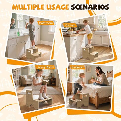 Step Stool for Toddler Wooden 2-Pack, Anti-Slip, for Potty Training | 2-Step Stool with Portable Handles, Triangular Structure, for Kitchen, Bathroom, Bedroom, Toilet, Ages 1-8Y, 170-lb Capacity in Kuwait