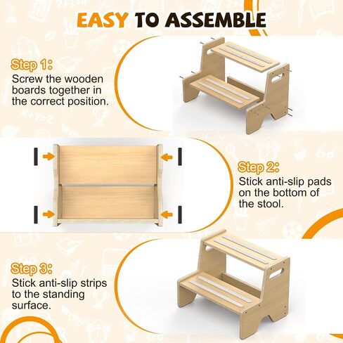 Step Stool for Toddler Wooden 2-Pack, Anti-Slip, for Potty Training | 2-Step Stool with Portable Handles, Triangular Structure, for Kitchen, Bathroom, Bedroom, Toilet, Ages 1-8Y, 170-lb Capacity in Kuwait