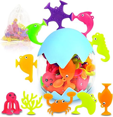 Suction Bath Toys for Kids, 18 Pcs Ocean Animal Suction Cup Toys with Eggshell & Bag, No Hole Mold Free Bath Toy, Sensory Window Building Toys for Toddlers Boys Girls 3 4 5 6 Year Old in Kuwait