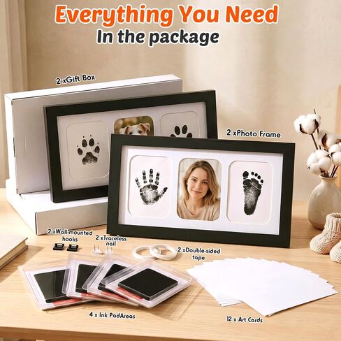 Jetec 2 Set Hand and Footprint Kit Handprint Keepsake Frame Newborn Keepsake Frame Clean Mess-Free Ink Pads with Wooden Frames Nursery Decor Newborn Gift (Black) in Kuwait