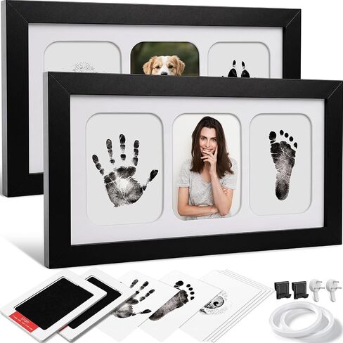 Jetec 2 Set Hand and Footprint Kit Handprint Keepsake Frame Newborn Keepsake Frame Clean Mess-Free Ink Pads with Wooden Frames Nursery Decor Newborn Gift (Black) in Kuwait