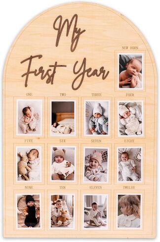 My First Year Wooden Photo Frame | Natural Wood 12 Months Milestone Photo Board|Newborn Keepsake & Nursery Decor|Baby Shower/1st Birthday Party Supplies in Kuwait