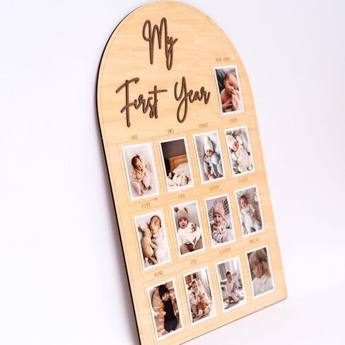 My First Year Wooden Photo Frame | Natural Wood 12 Months Milestone Photo Board|Newborn Keepsake & Nursery Decor|Baby Shower/1st Birthday Party Supplies in Kuwait