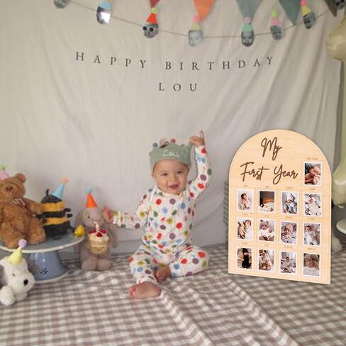 My First Year Wooden Photo Frame | Natural Wood 12 Months Milestone Photo Board|Newborn Keepsake & Nursery Decor|Baby Shower/1st Birthday Party Supplies in Kuwait