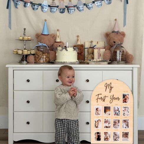 My First Year Wooden Photo Frame | Natural Wood 12 Months Milestone Photo Board|Newborn Keepsake & Nursery Decor|Baby Shower/1st Birthday Party Supplies in Kuwait