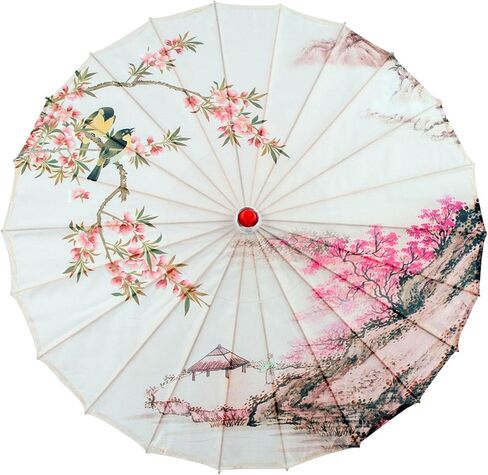 SM SunniMix Chinese Parasol Paper Umbrella Solid Wood Frame Silk Cloth Handmade Decorative Women Umbrella Suitable for Wedding Parties Photography in Kuwait