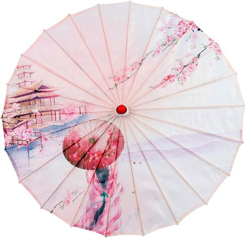 SM SunniMix Chinese Parasol Paper Umbrella Solid Wood Frame Silk Cloth Handmade Decorative Women Umbrella Suitable for Wedding Parties Photography in Kuwait