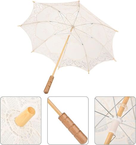 Pssopp Bridal Lace Parasol Umbrella, Vintage Wedding Lace Canopy Wooden Handle for Wedding Parties Photography Decoration in Kuwait