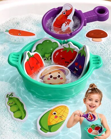 Bath Toys for Kids Ages 4-8 Bathtub Water Toys Play Food Cooking Set | 16 Pcs Mold Free Floating Foam Vegetables & Seafood Bath Toy Set Pretend Cooking Play for Toddlers 3-5 Gifts for Girls Boys in Kuwait