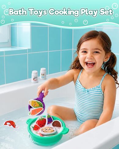 Bath Toys for Kids Ages 4-8 Bathtub Water Toys Play Food Cooking Set | 16 Pcs Mold Free Floating Foam Vegetables & Seafood Bath Toy Set Pretend Cooking Play for Toddlers 3-5 Gifts for Girls Boys in Kuwait