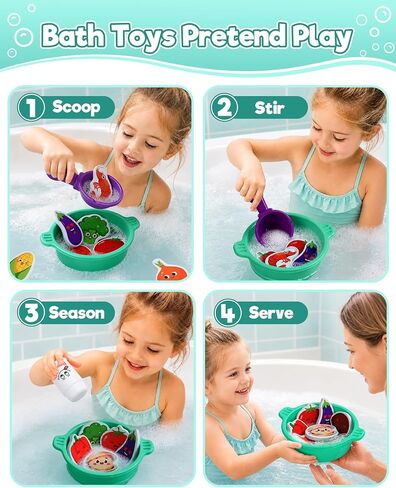 Bath Toys for Kids Ages 4-8 Bathtub Water Toys Play Food Cooking Set | 16 Pcs Mold Free Floating Foam Vegetables & Seafood Bath Toy Set Pretend Cooking Play for Toddlers 3-5 Gifts for Girls Boys in Kuwait