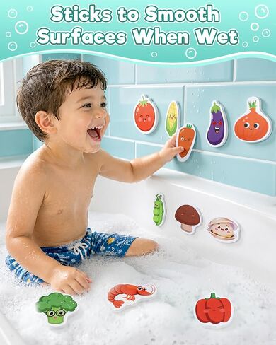 Bath Toys for Kids Ages 4-8 Bathtub Water Toys Play Food Cooking Set | 16 Pcs Mold Free Floating Foam Vegetables & Seafood Bath Toy Set Pretend Cooking Play for Toddlers 3-5 Gifts for Girls Boys in Kuwait