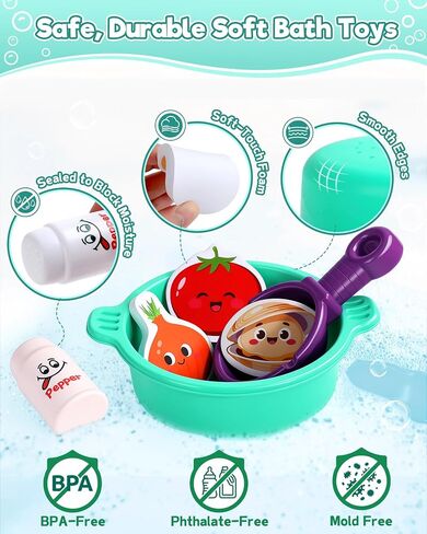 Bath Toys for Kids Ages 4-8 Bathtub Water Toys Play Food Cooking Set | 16 Pcs Mold Free Floating Foam Vegetables & Seafood Bath Toy Set Pretend Cooking Play for Toddlers 3-5 Gifts for Girls Boys in Kuwait