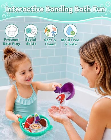 Bath Toys for Kids Ages 4-8 Bathtub Water Toys Play Food Cooking Set | 16 Pcs Mold Free Floating Foam Vegetables & Seafood Bath Toy Set Pretend Cooking Play for Toddlers 3-5 Gifts for Girls Boys in Kuwait