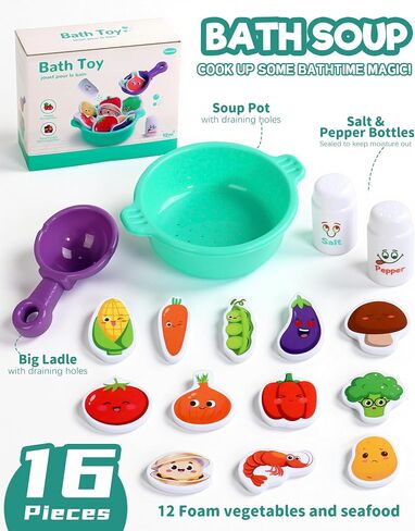 Bath Toys for Kids Ages 4-8 Bathtub Water Toys Play Food Cooking Set | 16 Pcs Mold Free Floating Foam Vegetables & Seafood Bath Toy Set Pretend Cooking Play for Toddlers 3-5 Gifts for Girls Boys in Kuwait