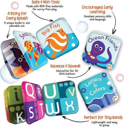 Floating Baby Bath Books Set of 4 - Bath Books for Babies, Infants - Waterproof, Mold-Free Bath Toys for Learning & Early Education (Fruit, Ocean, ABC, Numbers Books) in Kuwait