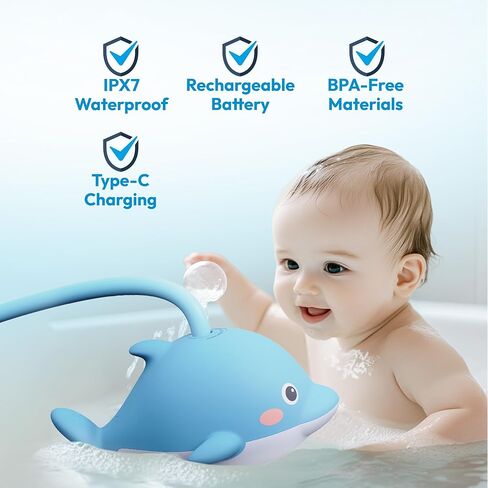 Rechargeable Baby Bath Shower Head for Bathtub - Kids Toddler Sprayer Showerhead Toys with Hose & Easy Water Flow Control - Dolphin Toy Sprayer for Babies Babybath Tub in Kuwait