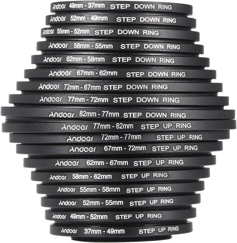 Andoer® 18pcs Step Up/Step Down Lens Filter 37 49 52 55 58 62 67 72 77 82mm Metal Adapter Ring Kit in Kuwait