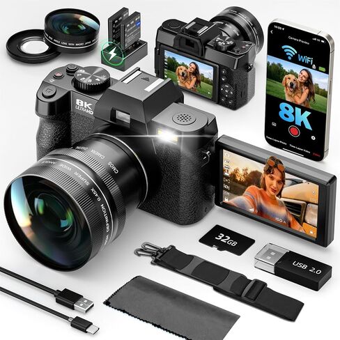 G-Anica 8K 64MP Digital Cameras for Photography with Dual-Lens WiFi | Vlogging Point and Shoot Camera Kit for Beginners,with 180° Flip Screen,16X Zoom,32GB Card,2 Batteries in Kuwait