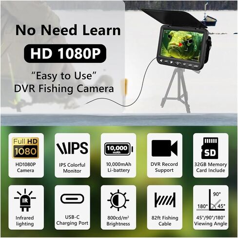 7''HD 1080P Underwater Fishing Camera w/DVR-32GB,Portable Ice w/10000mAh Li-Battery,IR&LED for Dark in Kuwait