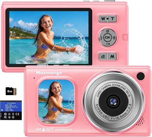 16FT Underwater Digital Camera, 4K 48MP 1500mAh Removable Battery 18X Zoom | Maxmango D71 Waterproof Compact Floatable Camera for Snorkeling Diving Swimming Surfing, Dual Screens - Blue(8GB) in Kuwait