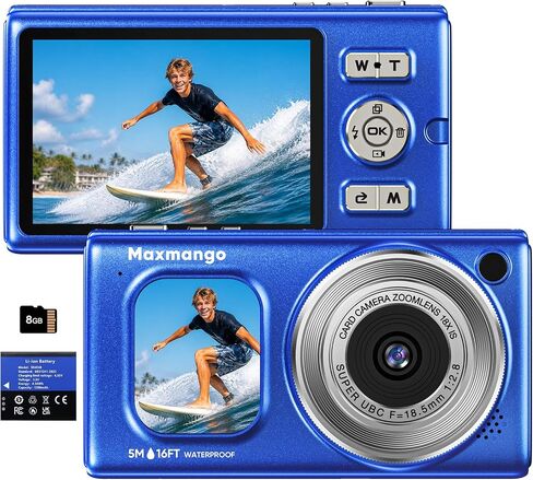 16FT Underwater Digital Camera, 4K 48MP 1500mAh Removable Battery 18X Zoom | Maxmango D71 Waterproof Compact Floatable Camera for Snorkeling Diving Swimming Surfing, Dual Screens - Blue(8GB) in Saudi Arabia