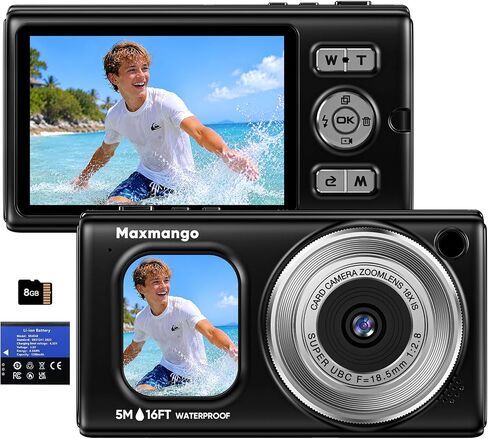 16FT Underwater Digital Camera, 4K 48MP 1500mAh Removable Battery 18X Zoom | Maxmango D71 Waterproof Compact Floatable Camera for Snorkeling Diving Swimming Surfing, Dual Screens - Blue(8GB) in Saudi Arabia