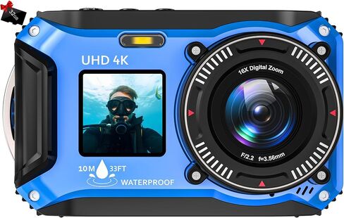 4K Underwater Camera 64MP 33FT Waterproof, 32GB Card Dual-Screen Dustproof | Suitable for Snorkeling, Vacation, UHD Autofocus Point-and-Shoot, Compact , Floatable, 1500mAh Battery, Type-C, Blue in Kuwait