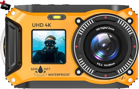 4K Underwater Camera 64MP 33FT Waterproof, 32GB Card Dual-Screen Dustproof | Suitable for Snorkeling, Vacation, UHD Autofocus Point-and-Shoot, Compact , Floatable, 1500mAh Battery, Type-C, Blue in Saudi Arabia