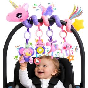 Musical Car Seat Toy for Babies 0-12 Months, Pink Unicorn | 5-in-1 Sensory Activity Hanging Toy with Soothing Music, Rattle & Mirror, Fits Car Seats and Strollers, for Newborn Infants in Saudi Arabia