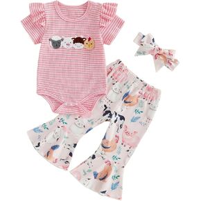 Baby Girl Summer Outfit Farm Animals Embroidered Waffle Short Sleeve Romper Flared Pants Newborn Western Clothes in Saudi Arabia